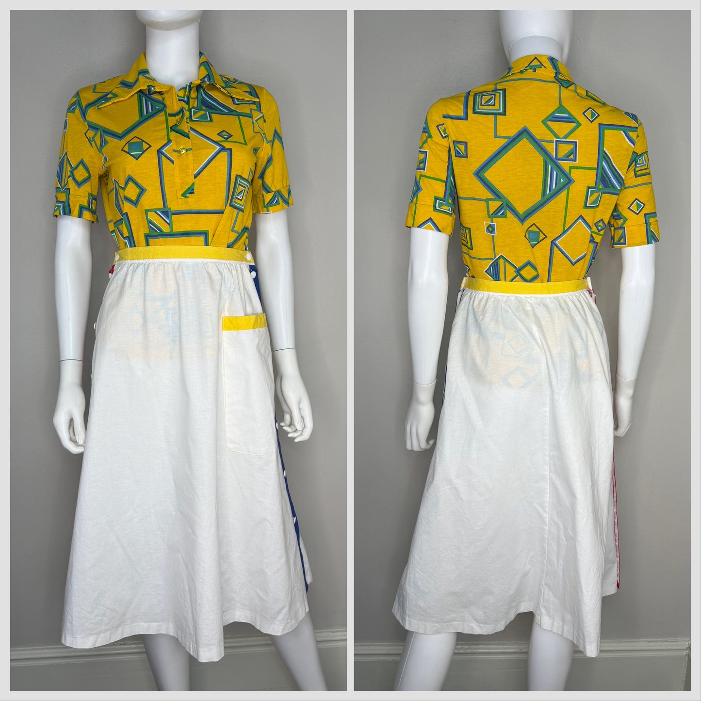 1970s Yellow Geometric Print Polo Shirt, Janstorp International Swedish Design Size Small