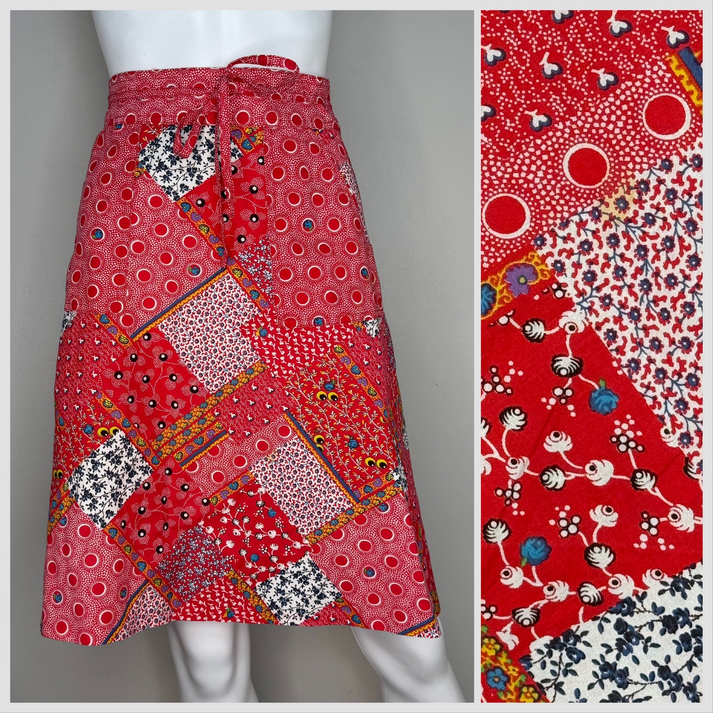 1970s Red Patchwork Print Wrap Skirt, Runky Size XS, Floral and Polka Dot