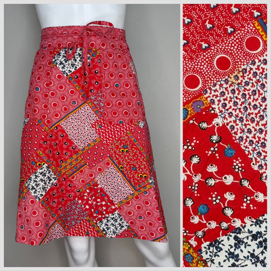 1970s Red Patchwork Print Wrap Skirt, Runky Size XS, Floral and Polka Dot