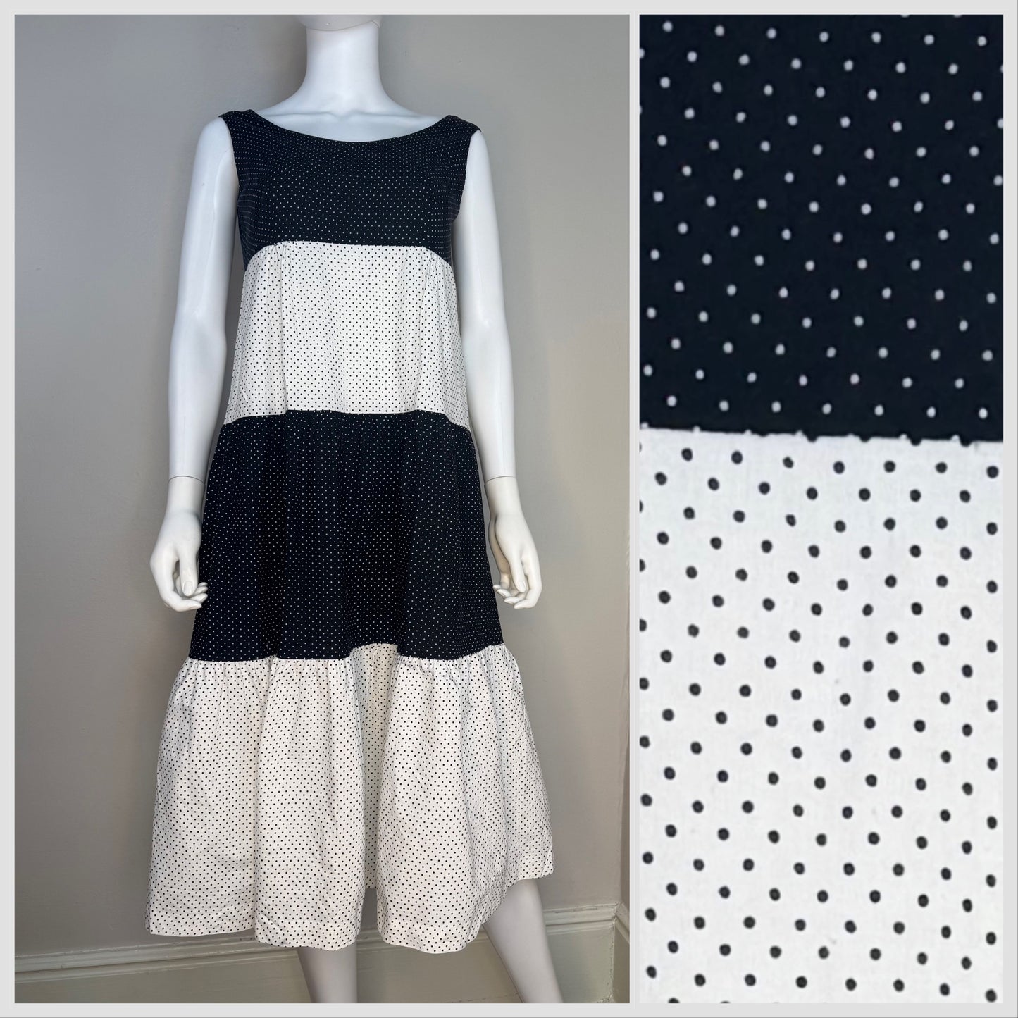 1970s Black and White Dot Sleeveless Dress, Tiklas Finland Size Small, Sundress