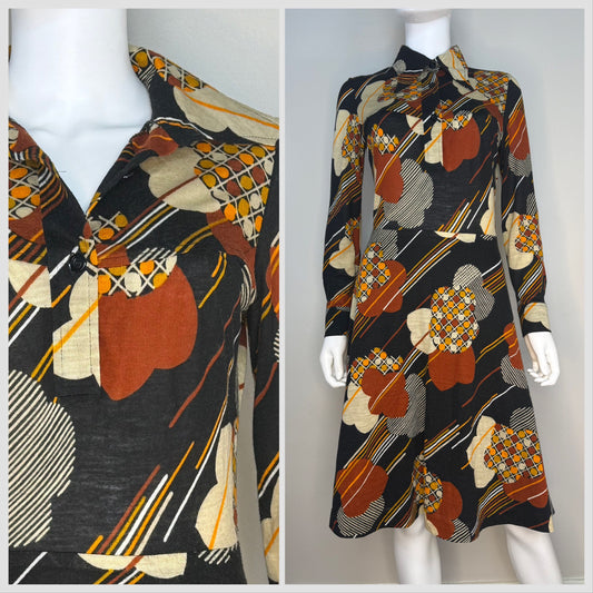 1970s Black and Brown Floral Long Sleeve Dress, Mobett Denmark Size Small