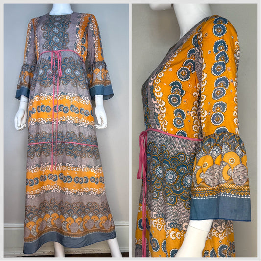 1960s Medallion Stripe Boho Maxi Dress with Bell Sleeves, Tava Model Denmark Size Small