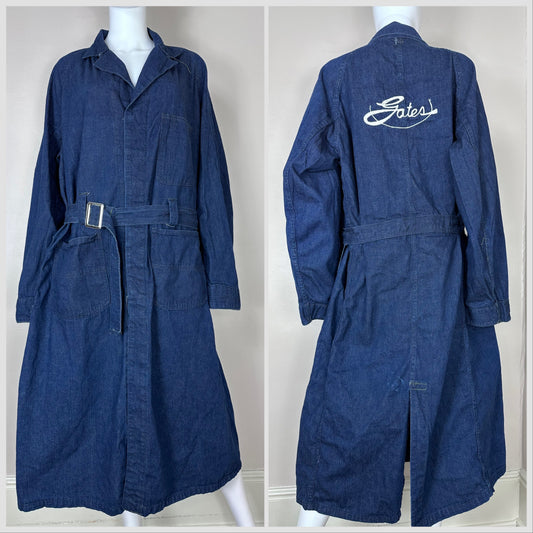 1950s Selvage Denim Shop Coat, Size XL, Gates Chain Stitch Embroidery