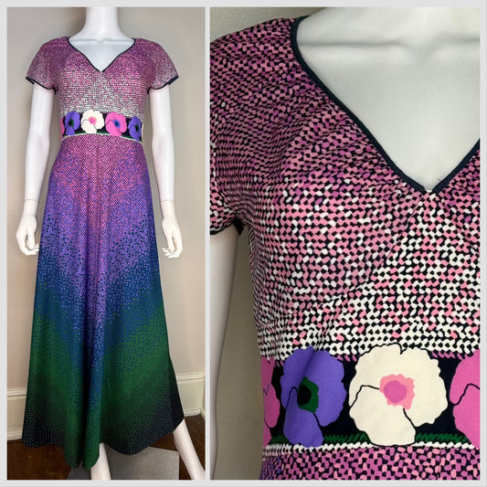 1970s Chevron Gradient Print Maxi Dress, Dehå of Sweden Size Small, Pop Art Poppies Waistband
