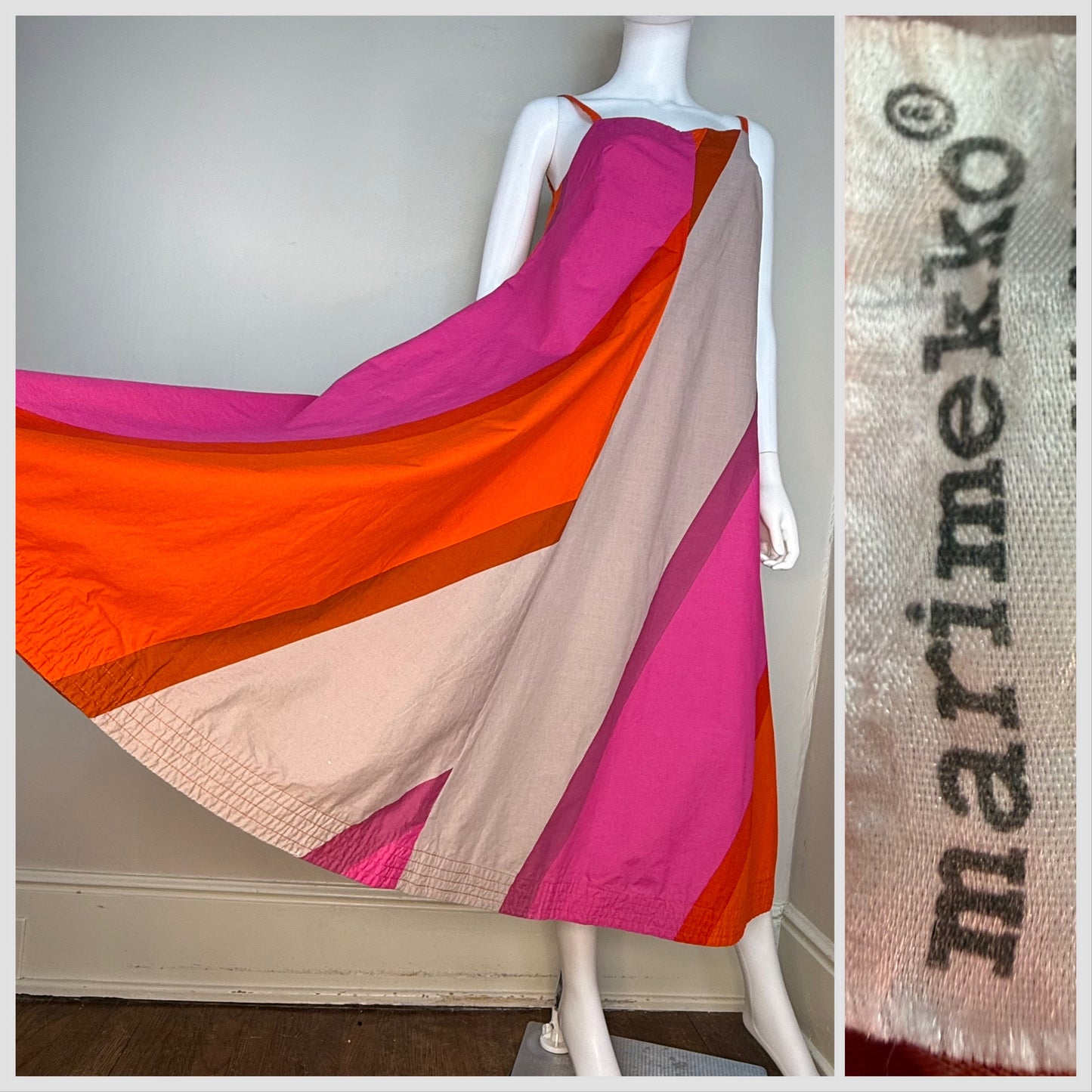 1960s Marimekko Midi Dress, Size Small, Sleeveless Sundress, Pink Orange and Grey Bold Wide Stripes, Suomi Finland, Design Research, Dated 1967