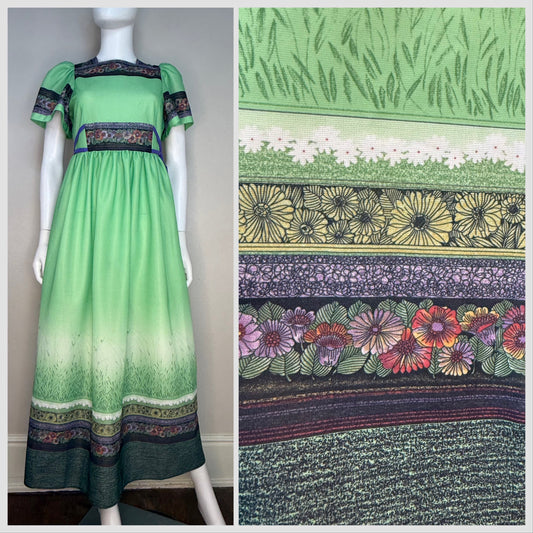 1970s Boho Green Floral Border Print Maxi Dress, En Rikke Modell Fredrikstad Norway Size Small