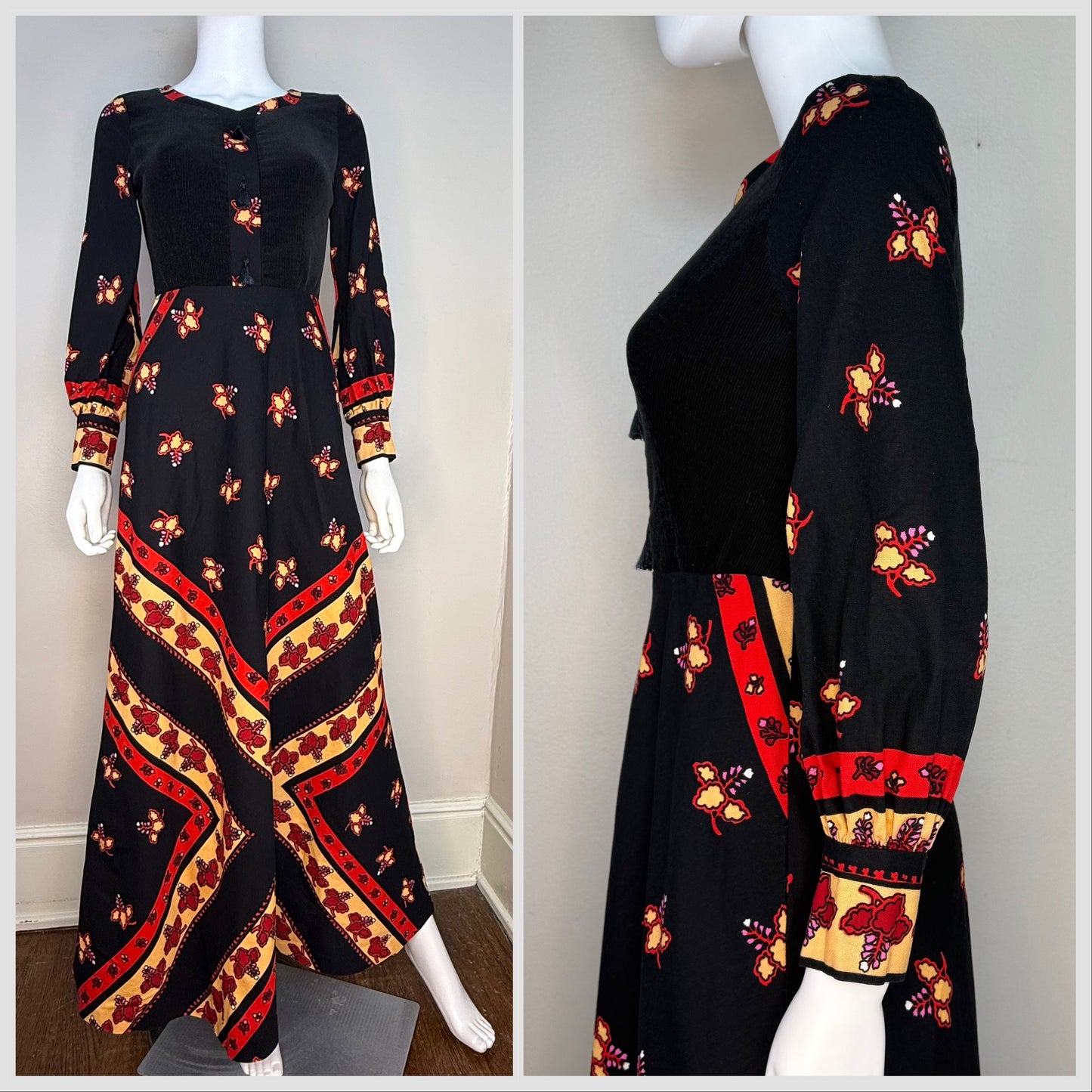 1970s Black Floral Cotton Long Sleeve Maxi Dress, Kaisu Heikkilä Oy Finland Size X-Small, Corduroy Bodice