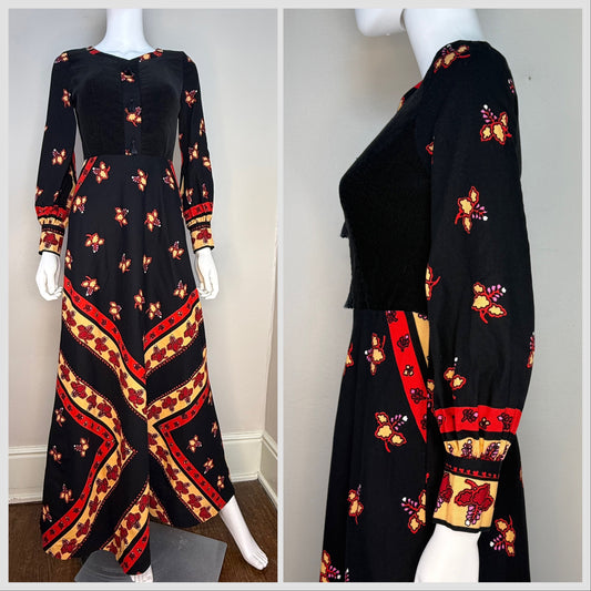 1970s Black Floral Cotton Long Sleeve Maxi Dress, Kaisu Heikkilä Oy Finland Size X-Small, Corduroy Bodice