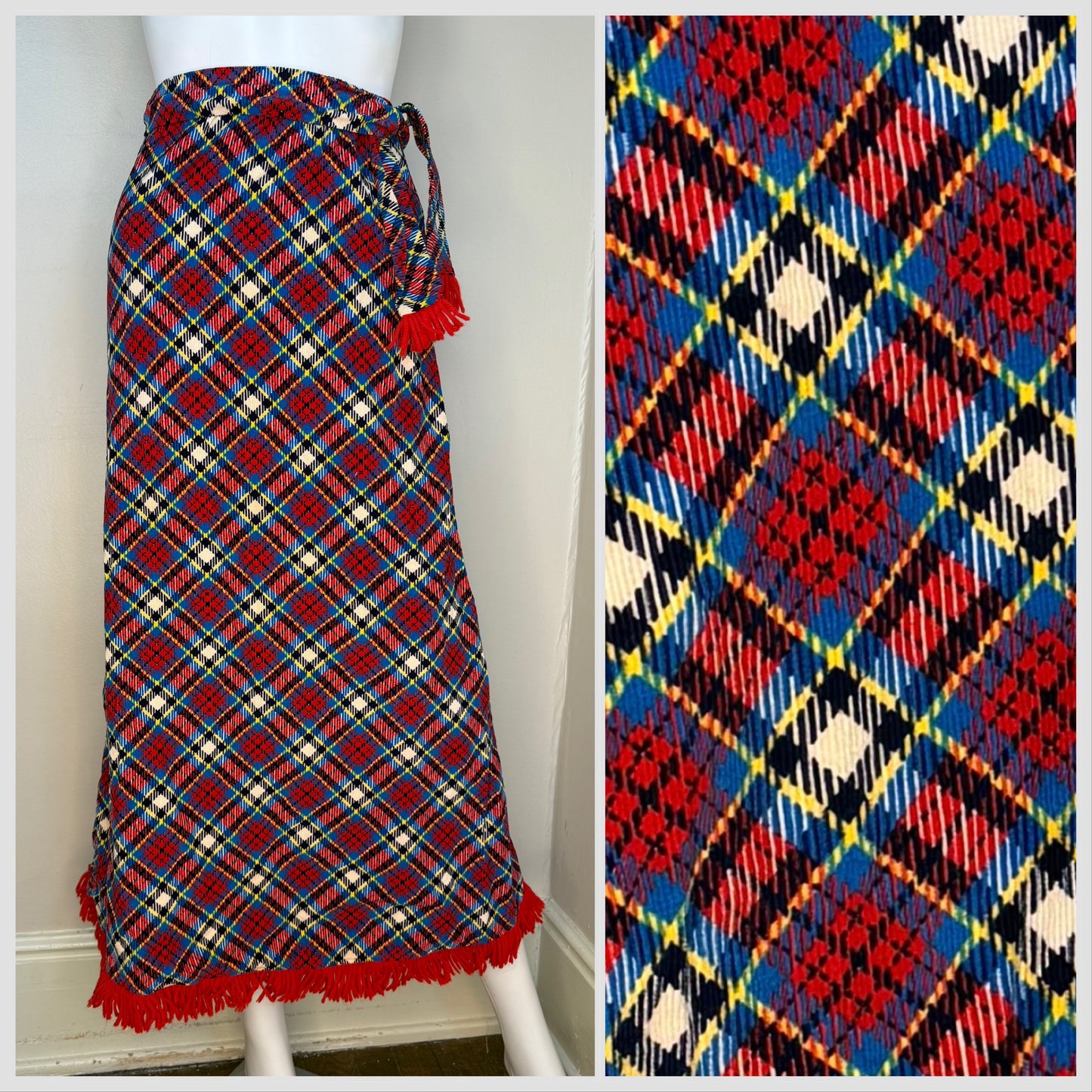 1970s Plaid Corduroy Maxi skirt with Fringe Trim, Flora Ottimer Girls 12/14, Adult XXS