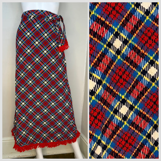 1970s Plaid Corduroy Maxi skirt with Fringe Trim, Flora Ottimer Girls 12/14, Adult XXS