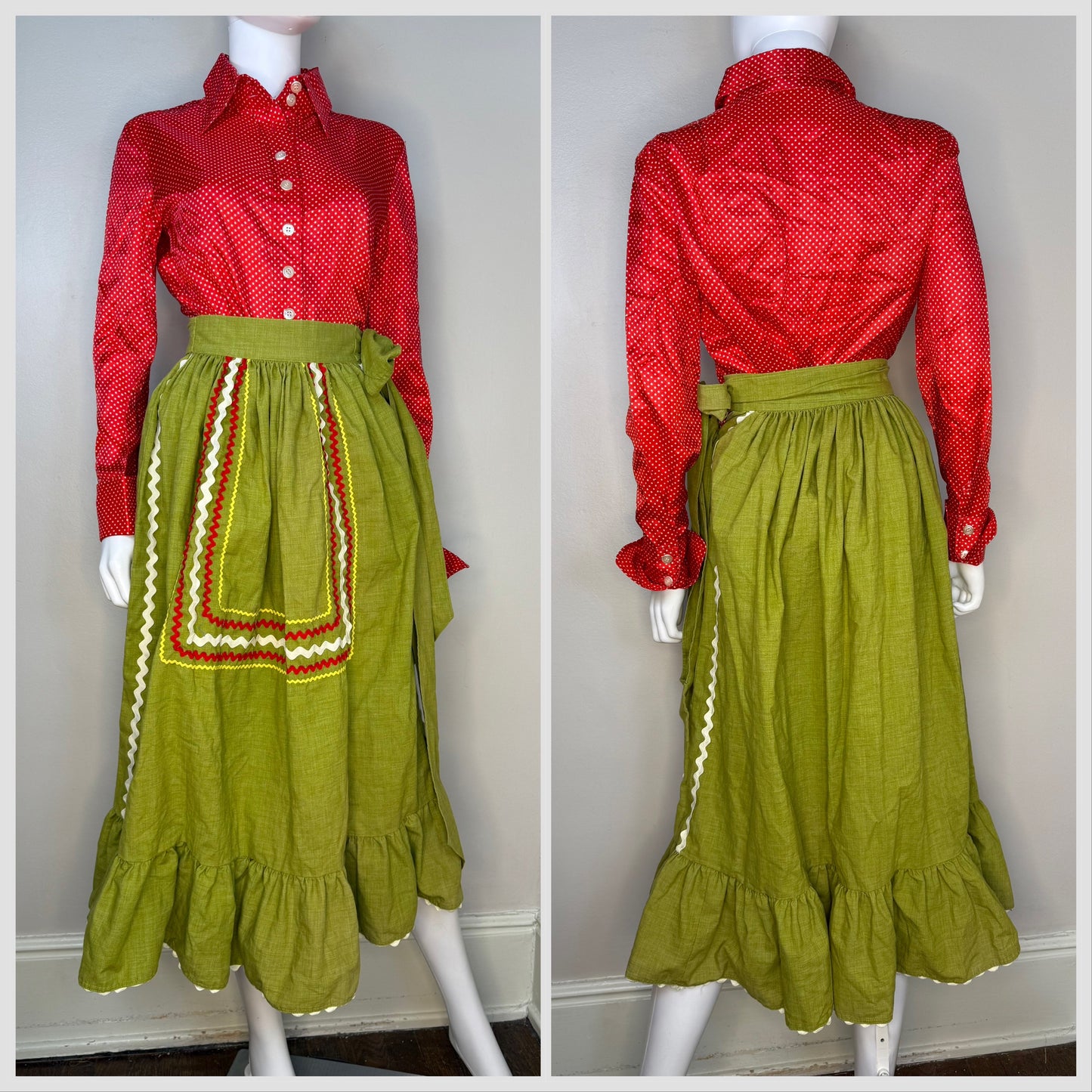 1970s Green Prairie Skirt with Ric Rack Trim, Handmade, Girls 10/12, Adult XXS