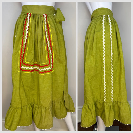 1970s Green Prairie Skirt with Ric Rack Trim, Handmade, Girls 10/12, Adult XXS