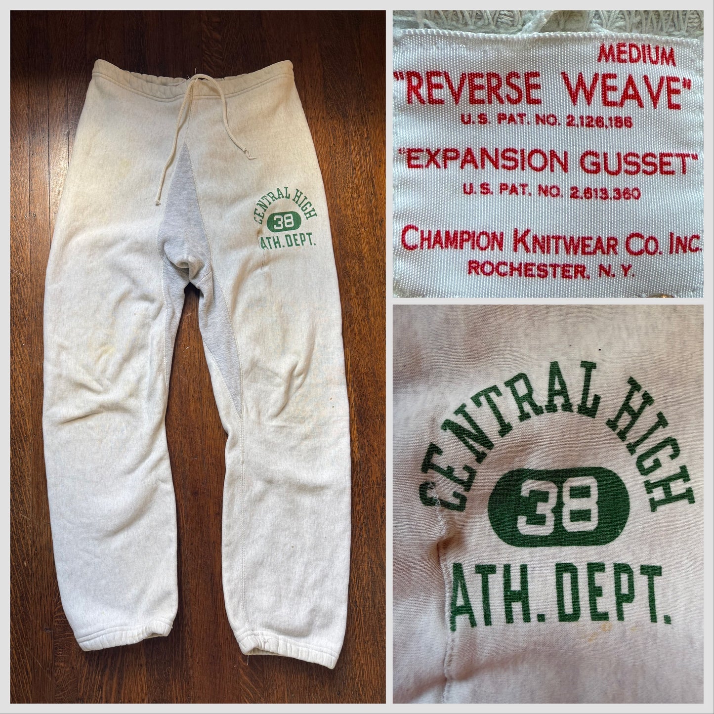 1950s Champion Reverse Weave Two Tone Expansion Gusset Sweatpants, Central High School, Champion Knitwear Co Size Medium