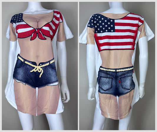 1990s Sexy Patriotic Lady Body T-Shirt Tunic, Fun2Wear Fabtasies from L.A. Imprints, Swim Cover Up, Nightgown