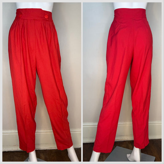 1980s Red Pleated Pants, High Rise, Wide Waistband, Tapered Leg, 27"x28"