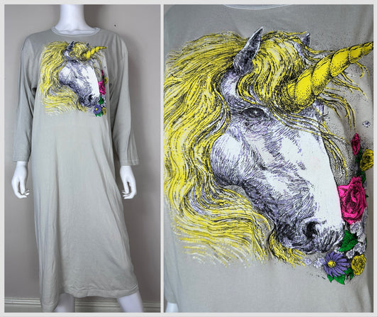 1980s/90s Unicorn Long Sleeve T-Shirt Nightgown, Grey, G-Tees Dress