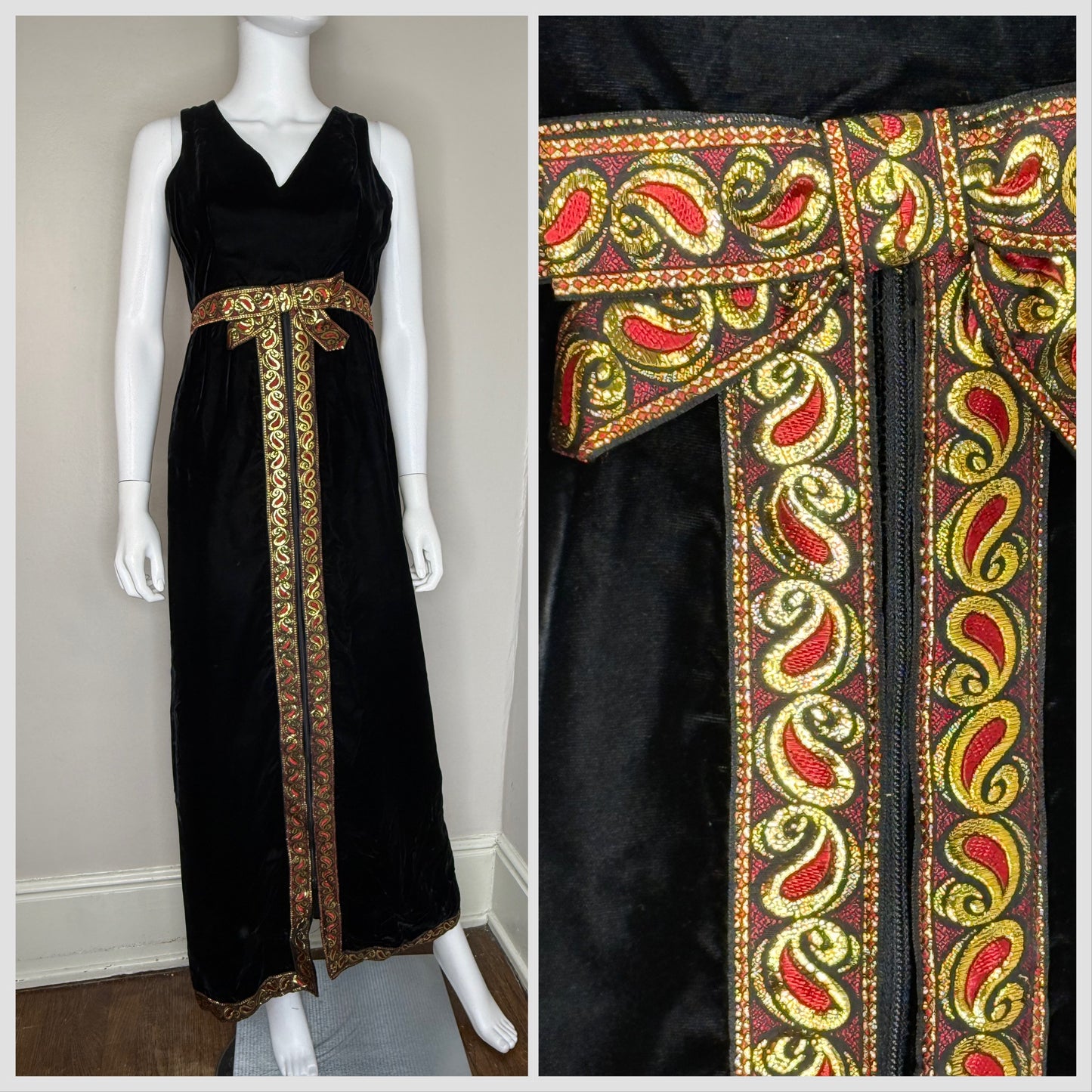 1960s Black Velvet Maxi Dress with Metallic Gold and Red Ribbon Trim, Size Small