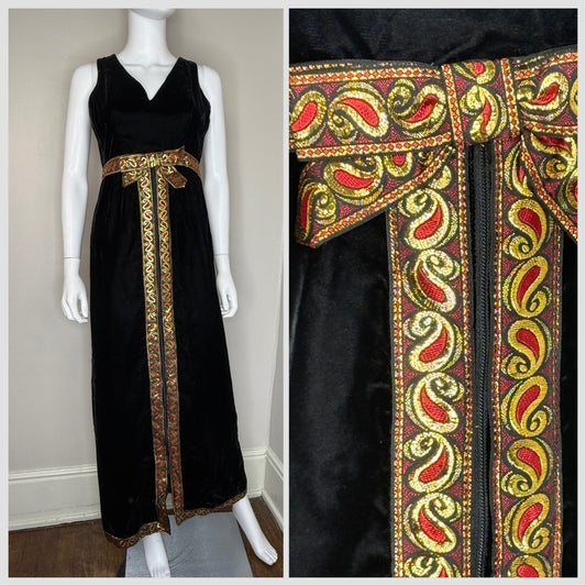 1960s Black Velvet Maxi Dress with Metallic Gold and Red Ribbon Trim, Size Small