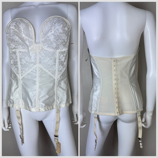 1960s Lady Marlene White Lace Long Line Bra, Size 40B, Corset Shape-wear with Garter Clips, Low Back, Deadstock with Tags, Franklin Simon, Bridal