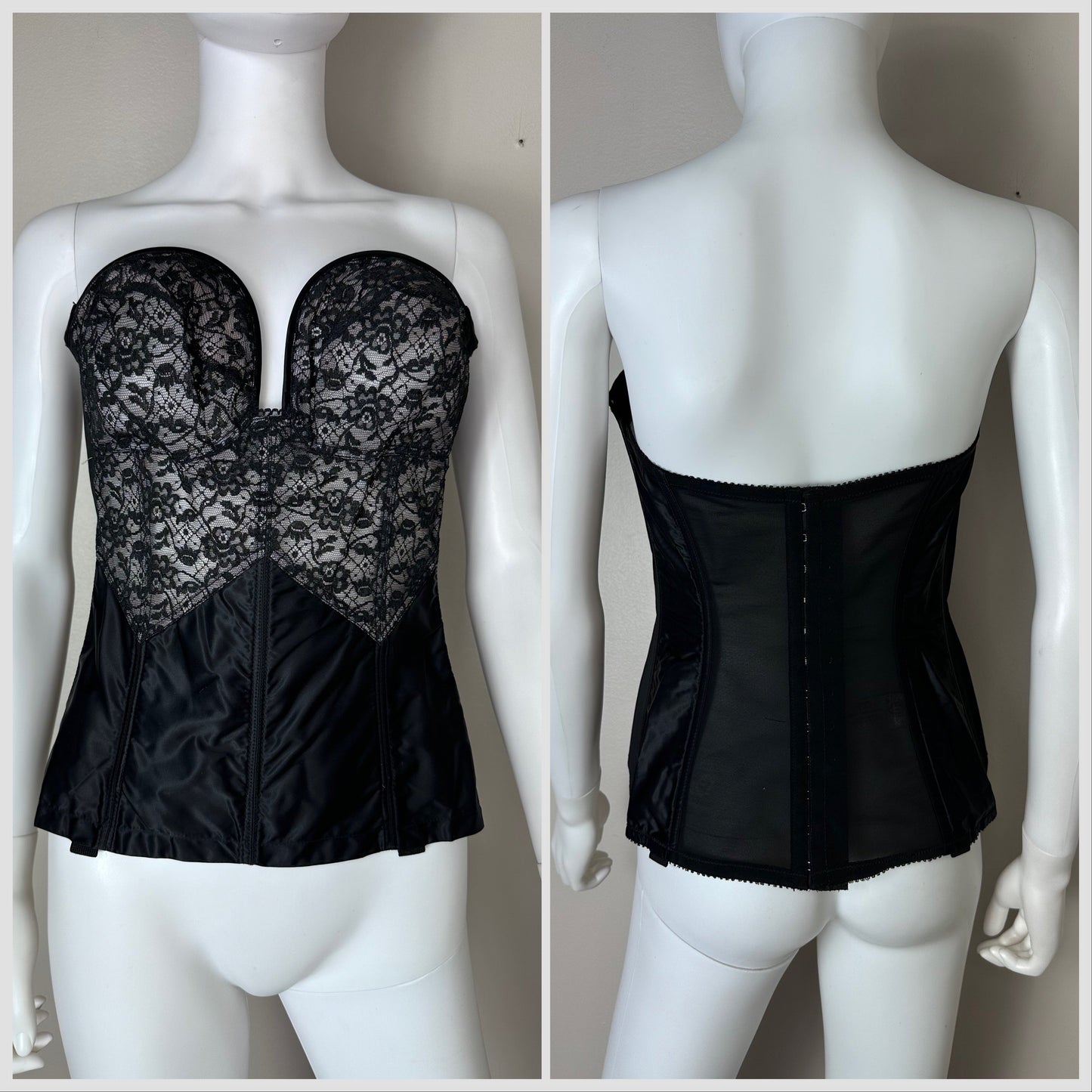 1960s Lady Marlene Black Lace Long Line Bra, Size 40C, Corset Shape-wear, Low Back