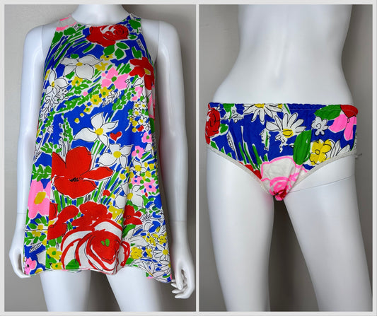 1960s Bright Floral Miss Elaine Lingerie Set, Size S-M, Micro Mini Nightgown and Panties