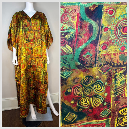 1990s Gold Red and Green Caftan Dress, Winlar, Loungewear, One Size Fits Most