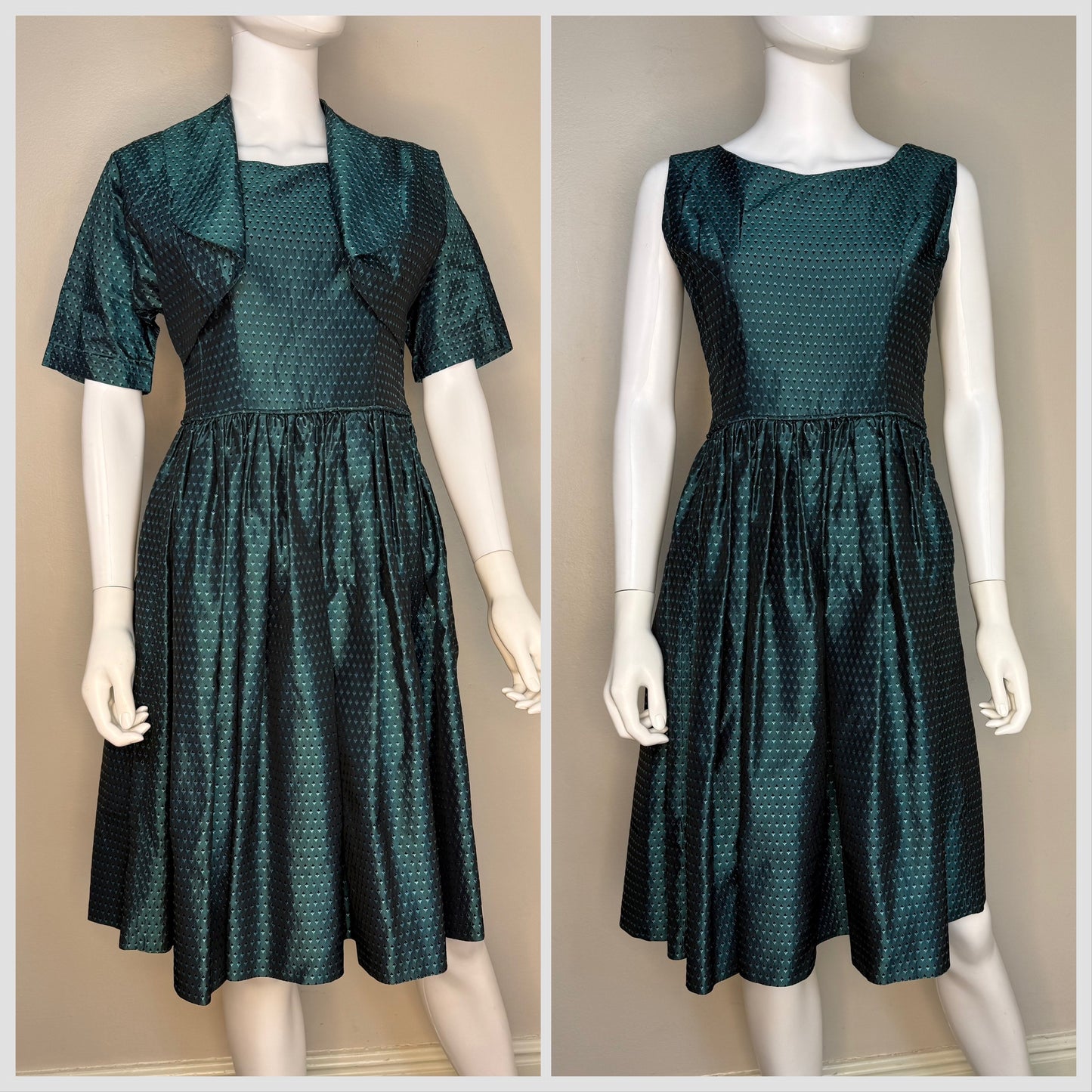 1950s Teal Green Taffeta Dress and Bolero Set, Handmade Size Small