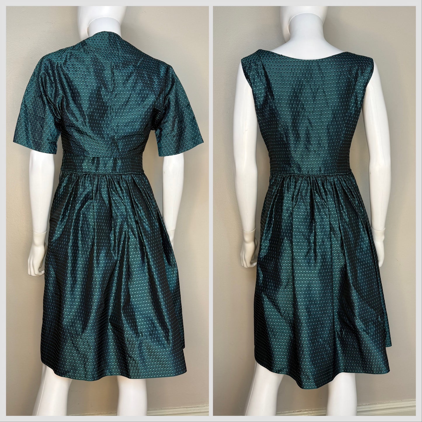 1950s Teal Green Taffeta Dress and Bolero Set, Handmade Size Small