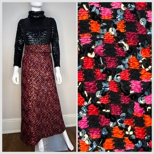 1970s Sequin Maxi Dress, Calderon Size X-Small, Black and Red Orange and Pink Check