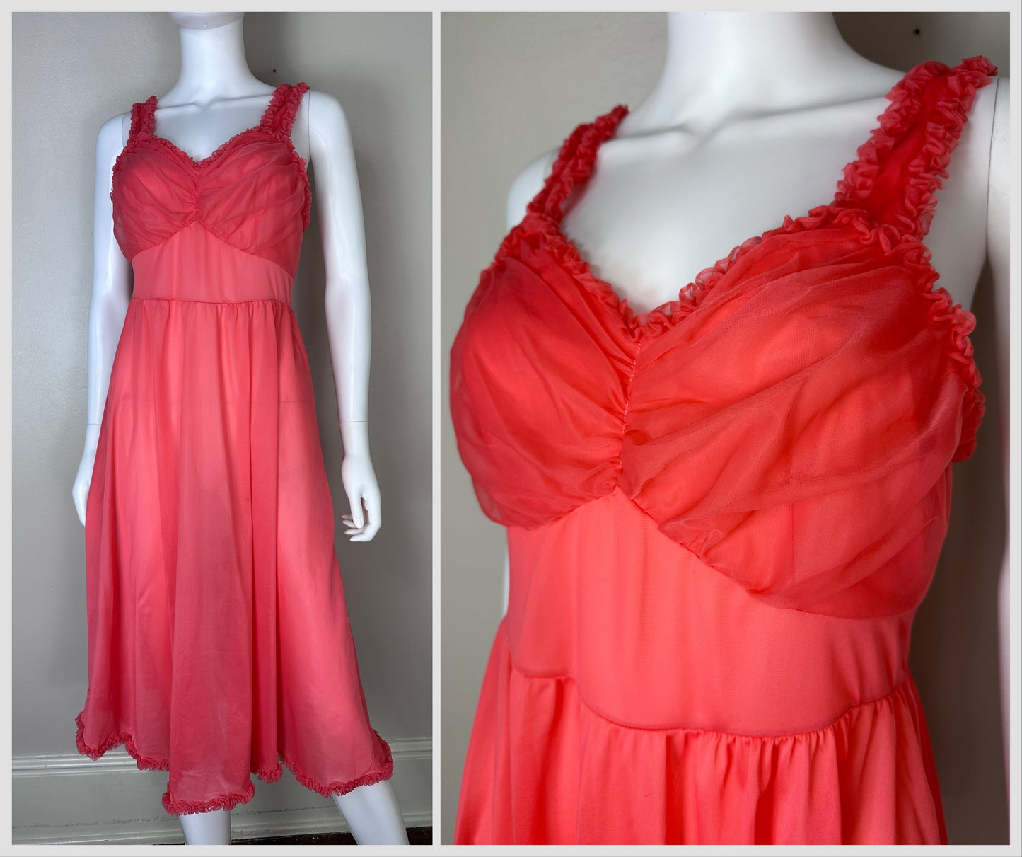 1950s/1960s Coral Nylon Nightgown, Charmode, Sears Roebuck and Co Size Small