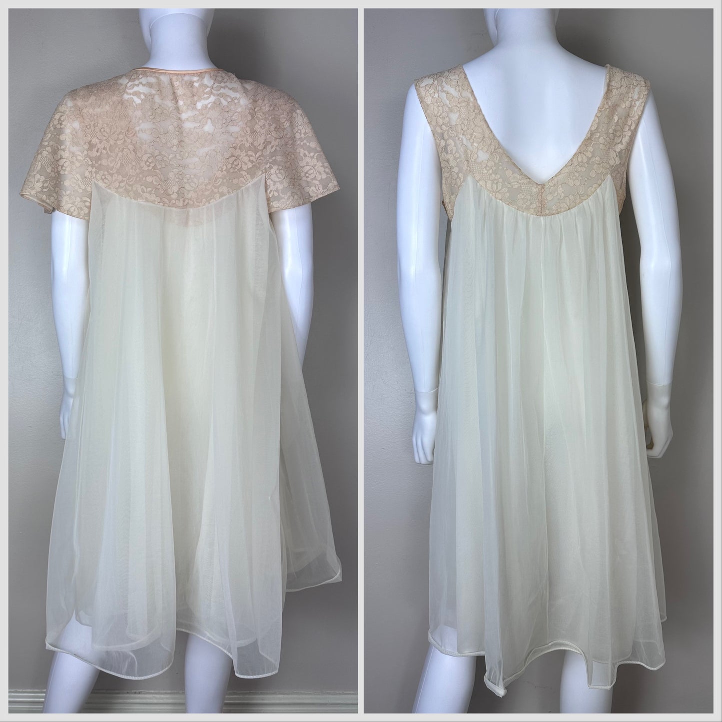 1950s Vanity Fair Peignoir Set, Size Small, Cream Sheer Nylon and Tan Lace Lingerie, Nightgown and Robe