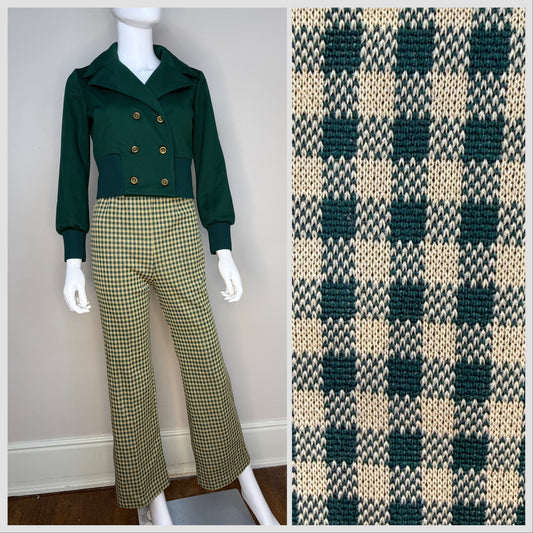 1970s Green Pant Suit, Toni Todd Size XS/Small, Cropped Double Breasted Jacket, Gingham Flare Leg Pants, Polyester Double Knit