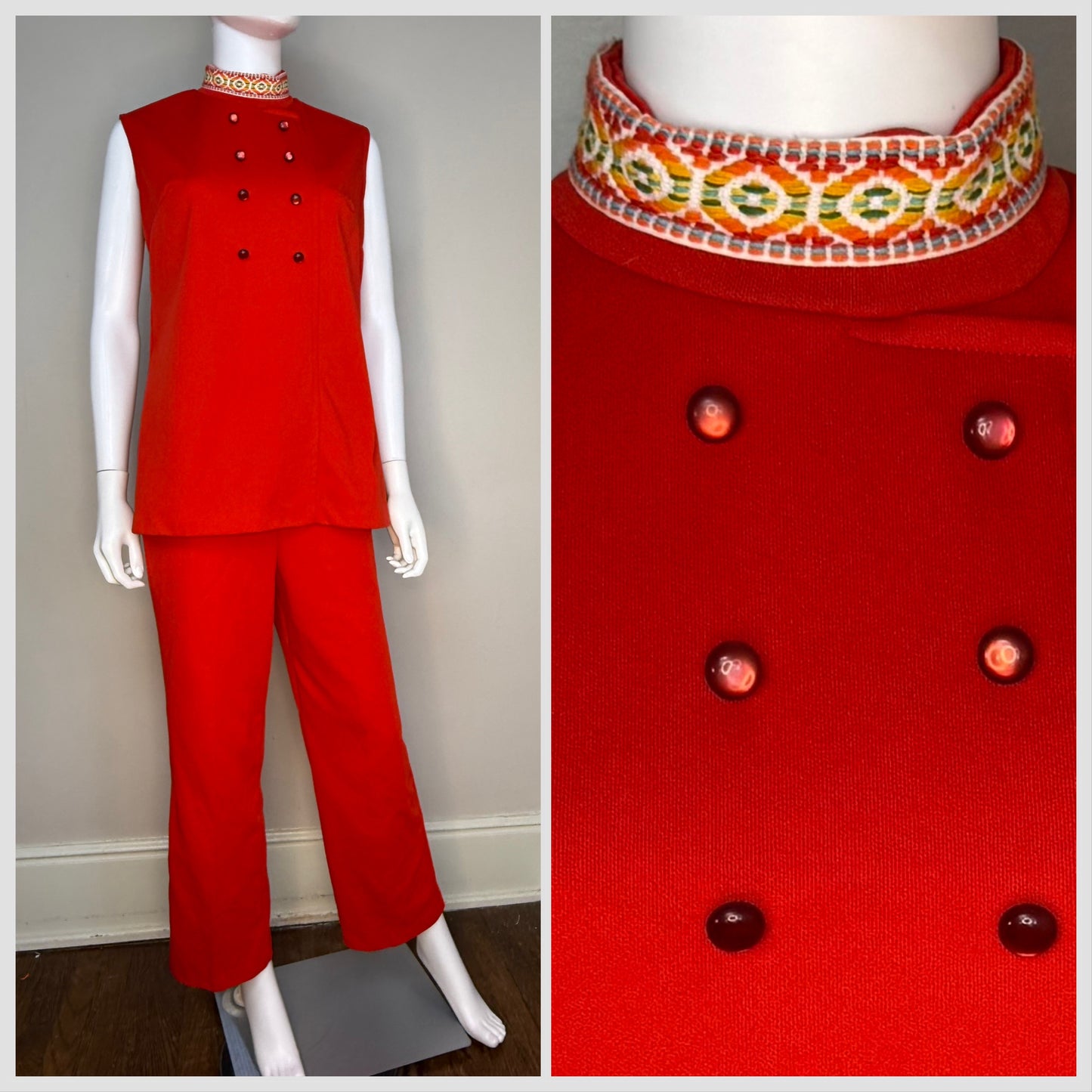 1960s/70s Mod Red Pant Suit, Sleeveless Top and Pants, Polyester Double Knit with Rainbow Trim, Size Medium
