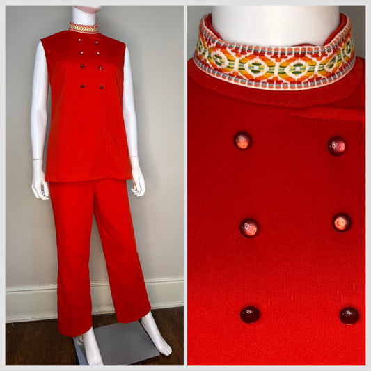 1960s/70s Mod Red Pant Suit, Sleeveless Top and Pants, Polyester Double Knit with Rainbow Trim, Size Medium