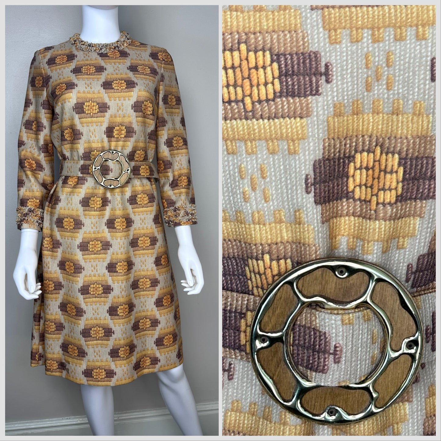 1970s Geometric Print Dress with Wide Belt, Size Medium, Yellow and Brown