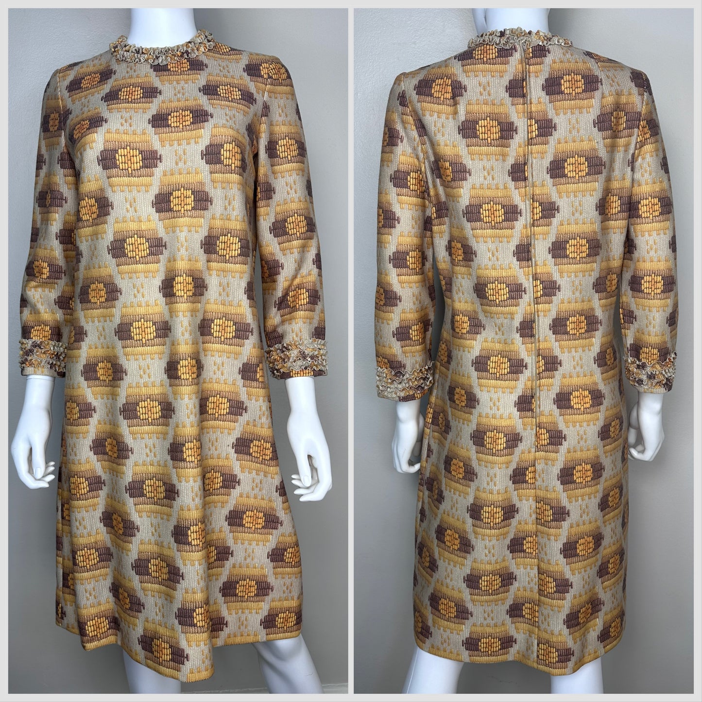 1970s Geometric Print Dress with Wide Belt, Size Medium, Yellow and Brown