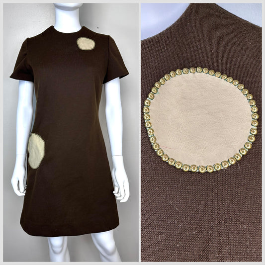 1960s Brown Mod Mini Dress, For J.P.’s Only! size Medium, Vinyl Circles with Studs