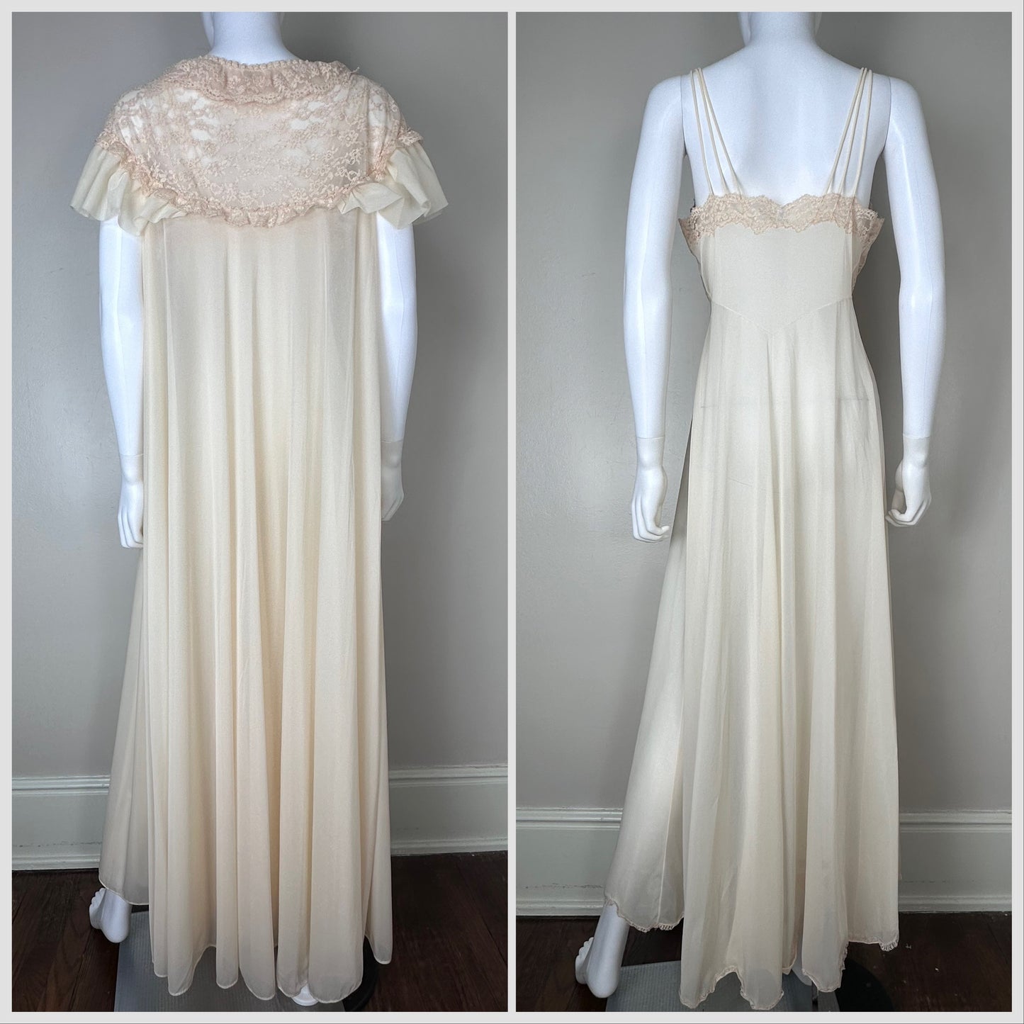 1950s Full Length Peignoir Set, Size Small, Sheer Cream Nylon, Lace, Vanity Fair, Night Gown and Robe