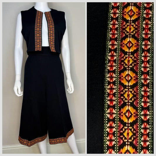 1970s Black Gaucho Pants and Vest Set, Handmade Size M/L, Double Knit