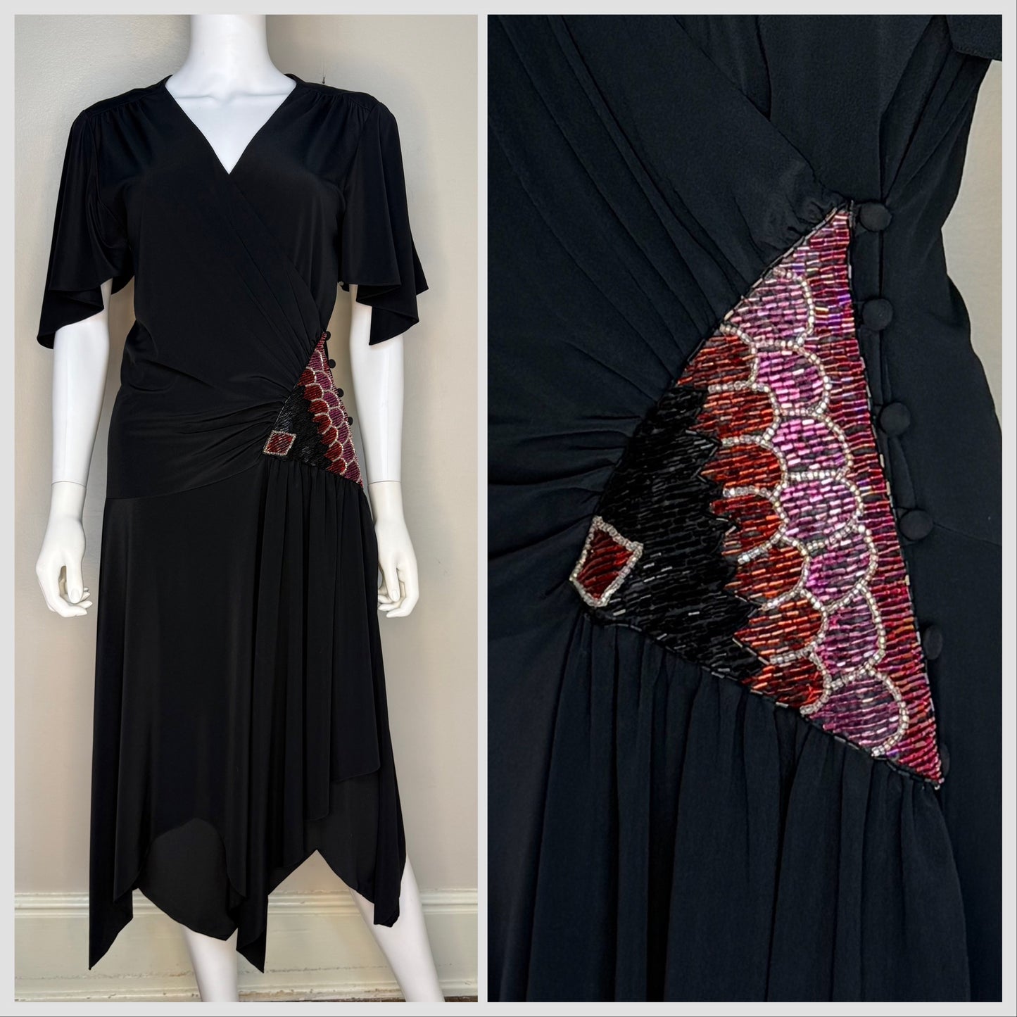 1970s/80s Black Handkerchief Hem Drop Waist Wrap Dress with Beaded Panel, Rimini Size Small-Medium