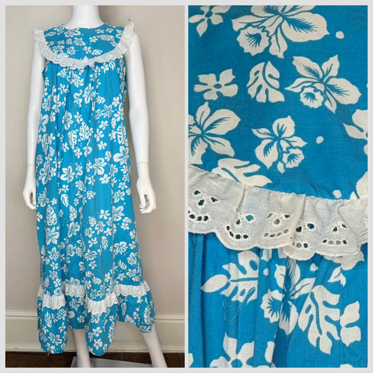 1970s Blue Floral Hawaiian Maxi Dress with Eyelet Trim, Size Medium