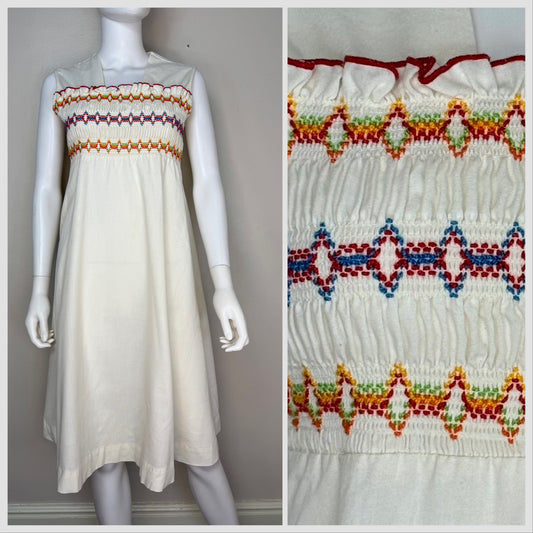 1970s Rainbow Smocked Bodice Sundress, Size Medium, Sleeveless Midi Dress