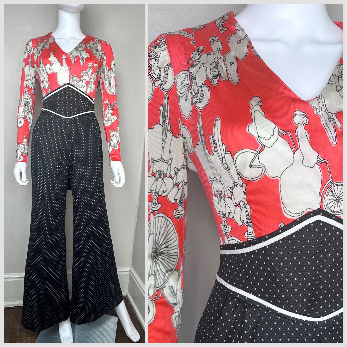 1970s Bellbottom Jumpsuit, PBJ by Jerell Size Small, Antique Bicycle Print Top, Polka Dot Pants