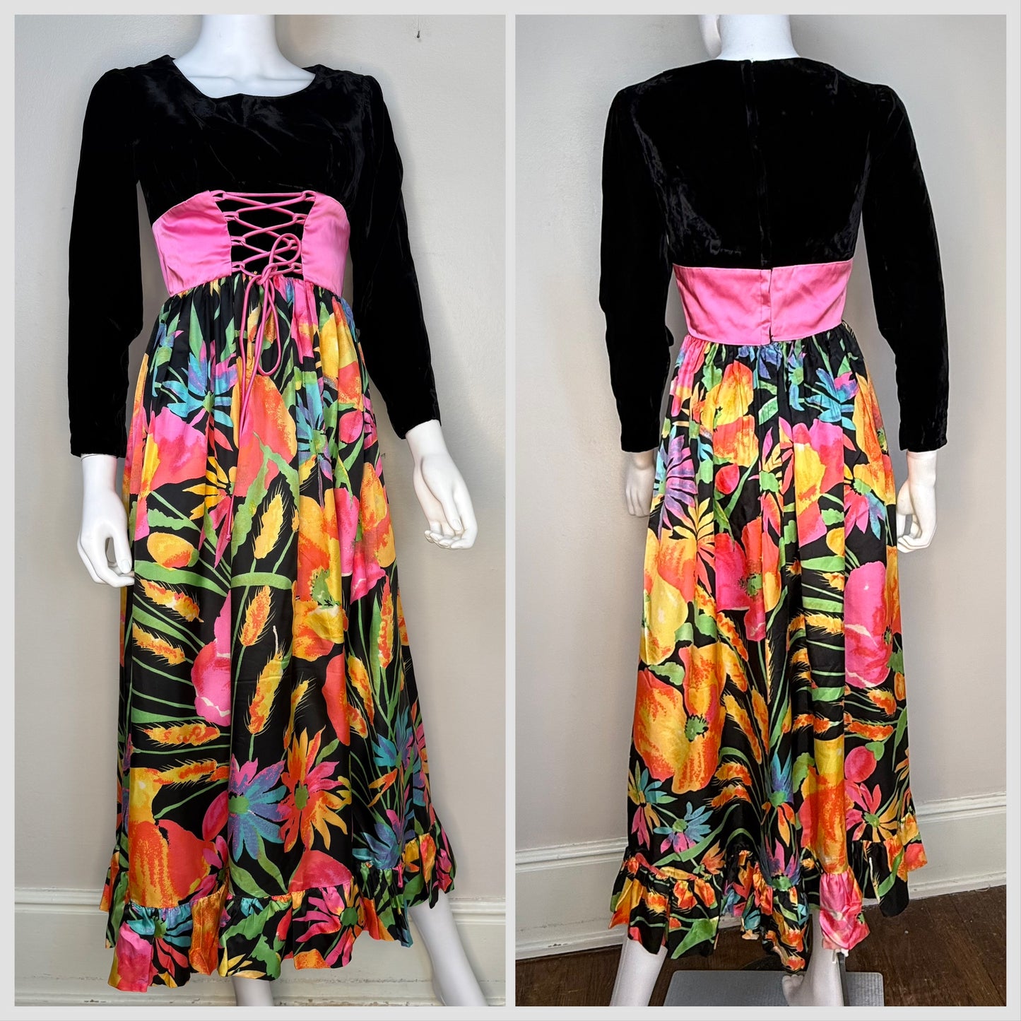 1970s Bright Psychedelic Floral Dress with Pink Corset Waist, Black Velvet Bodice, Size X-Small