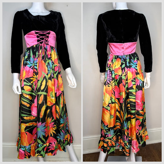 1970s Bright Psychedelic Floral Dress with Pink Corset Waist, Black Velvet Bodice, Size X-Small