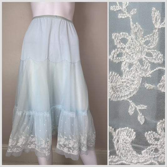 1950s Vanity Fair Pastel Blue Half Slip with White Floral Embroidery, Size XXS