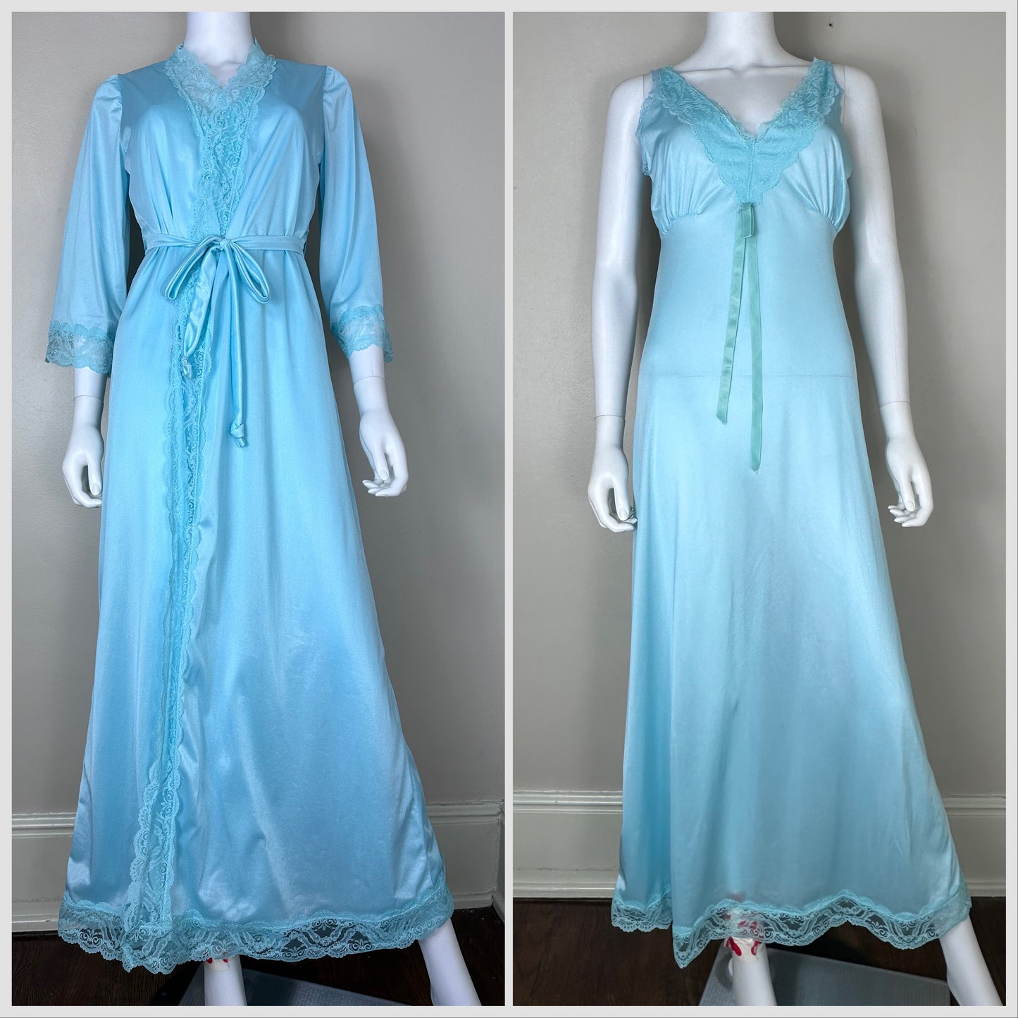 1970s Full Length Blue Peignoir Set, Size Medium, Nightgown and Robe