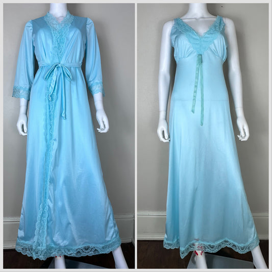 1970s Full Length Blue Peignoir Set, Size Medium, Nightgown and Robe
