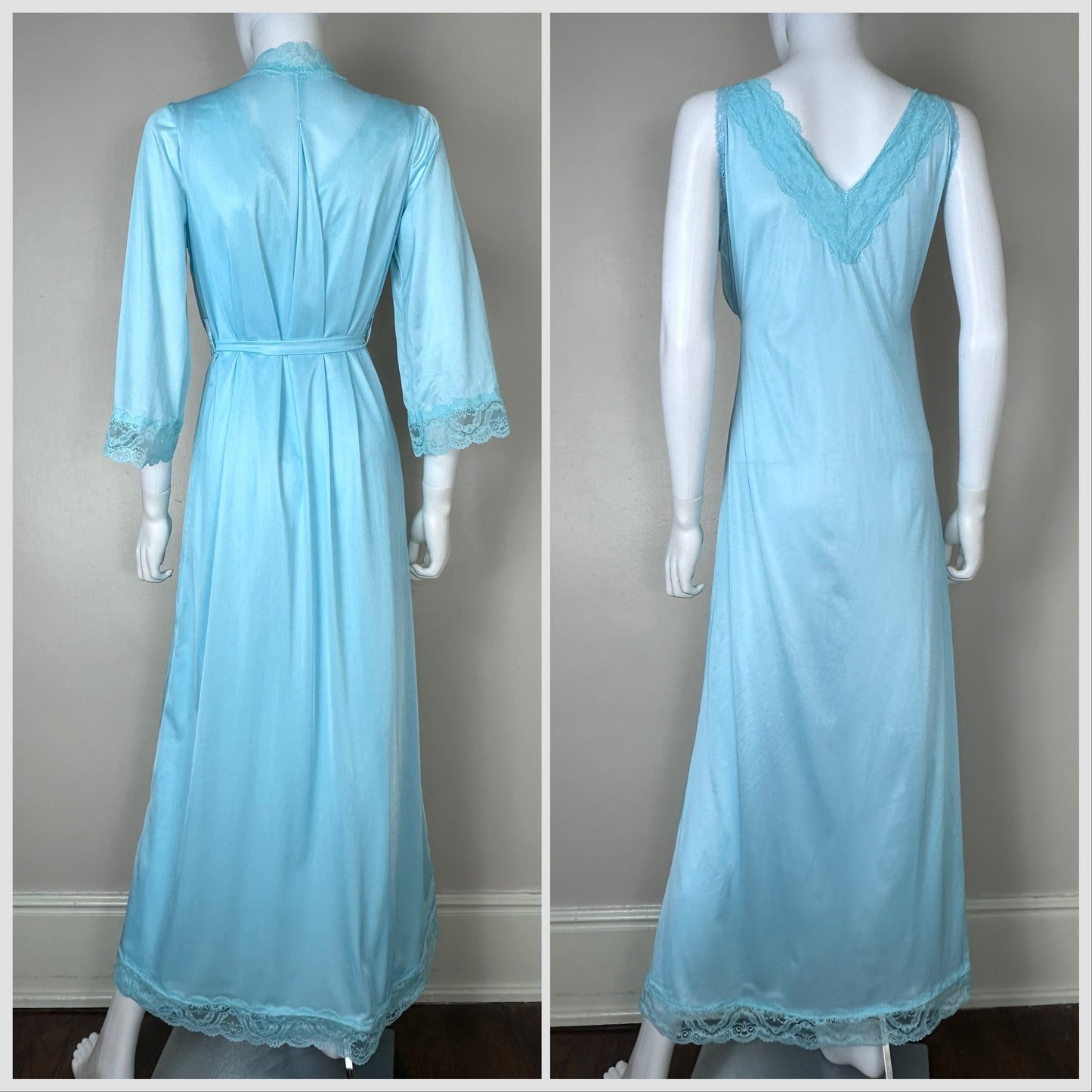 1970s Full Length Blue Peignoir Set, Size Medium, Nightgown and Robe