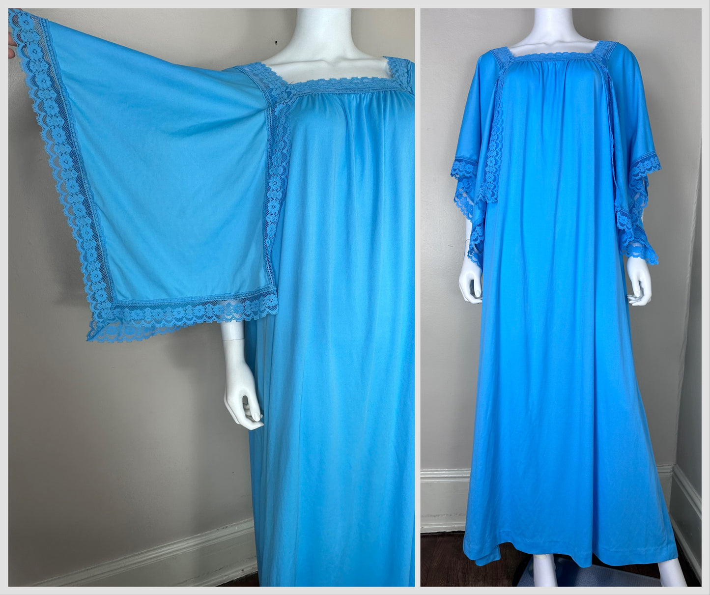 1970s Bright Blue Boho Maxi Dress with Large Handkerchief Sleeves, Size XXL, Muumuu Caftan